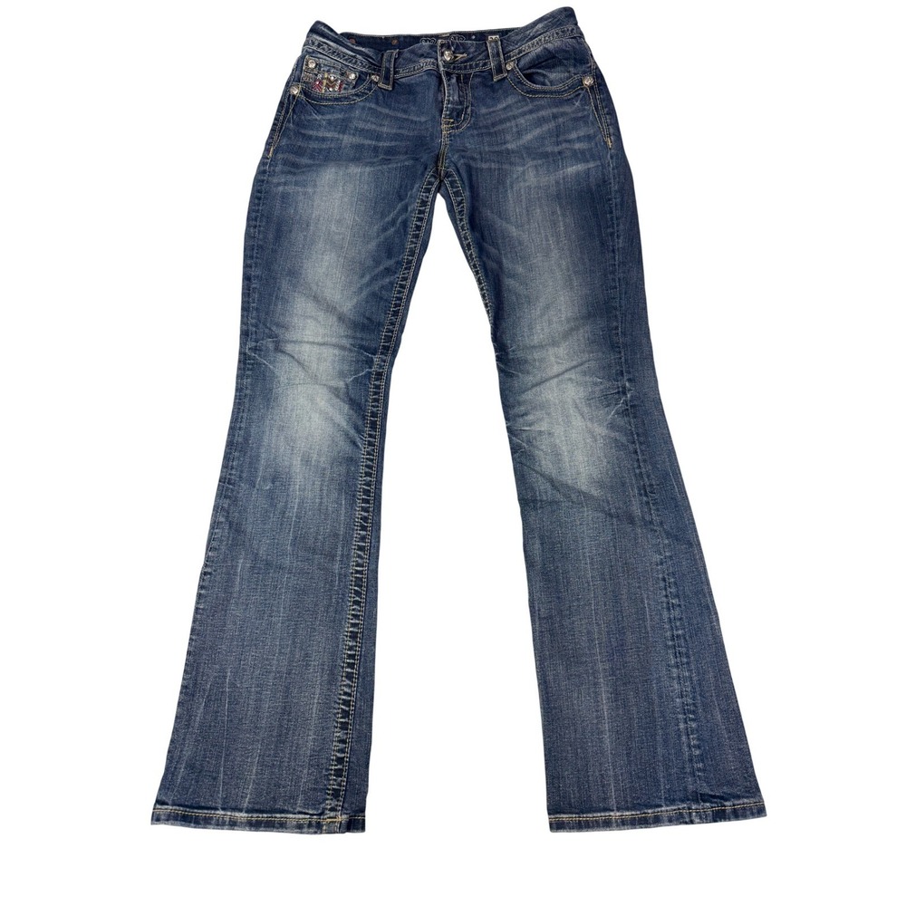 Miss Me Mid Rise Easy Boot Jeans 28 Dark Wash Embellished Distressed Bootcut